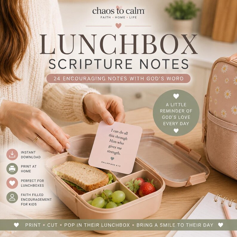 Peut inclure: Un ensemble de 24 notes bibliques imprimables pour bo&icirc;te &agrave; lunch avec le texte I can do all this through Him who gives me strength Philippians 4:13 sur une carte carr&eacute;e rose p&acirc;le. La carte est plac&eacute;e dans une bo&icirc;te &agrave; lunch beige compartiment&eacute;e.