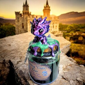 May include: A small purple and green dragon figurine sits on top of a glass jar filled with a green liquid. The jar has a label that reads "Sparkling Vitality Elixir Potion for Baby Dragons".
