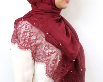 Cotton Hijab / Cotton Scarf / Embellished Scarf / Lace and Pearl Scarf / Fancy Hijab / Eid Hijab / Lace Hijab  / Pearl Hijab