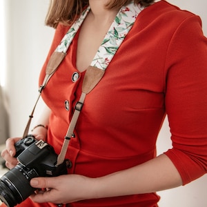 Floral Camera Strap: Eucalyptus Leaves, Vegan Leather DSLR Accessory