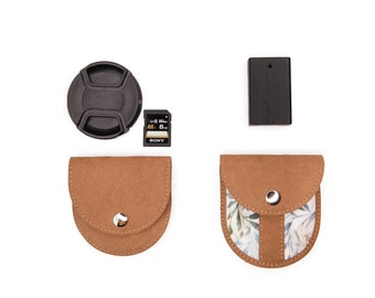 Perosnalized vegan camera lens cap holder and battery pocket, DSLR lens cap holder, camera strap lens cap case