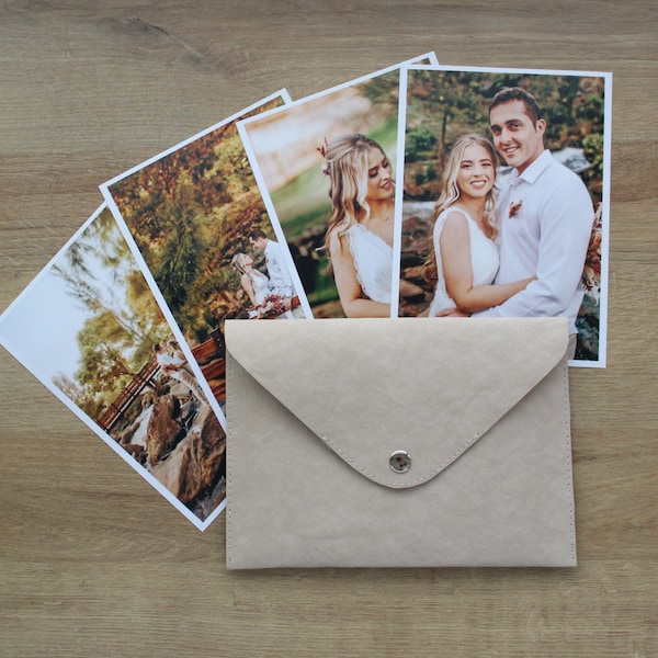 Sobres personalizados para fotos 5'' x 7'' ( 13 x 18 cm) fabricados en cuero vegano, packaging para Fotógrafos de bodas y familiares,