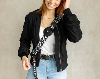 Sling camera strap, photographer strap, in 3 black and white prints: leo, zebra, houndstooth