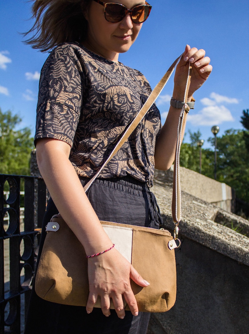 Shoulder bag Small Vegan Crossbody Purse with Zipper Sustainable clutch bag off vegan leather and cotton