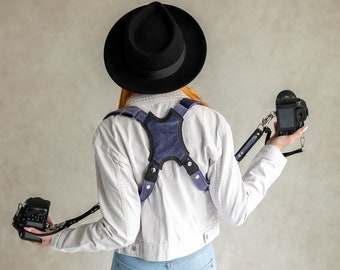 Double sling camera strap,  purple and black vegan photographer harness, dual DSLR strap