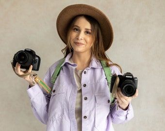 Double sling camera strap,   Green velvet and brown vegan leather, photographer harness, dual DSLR strap