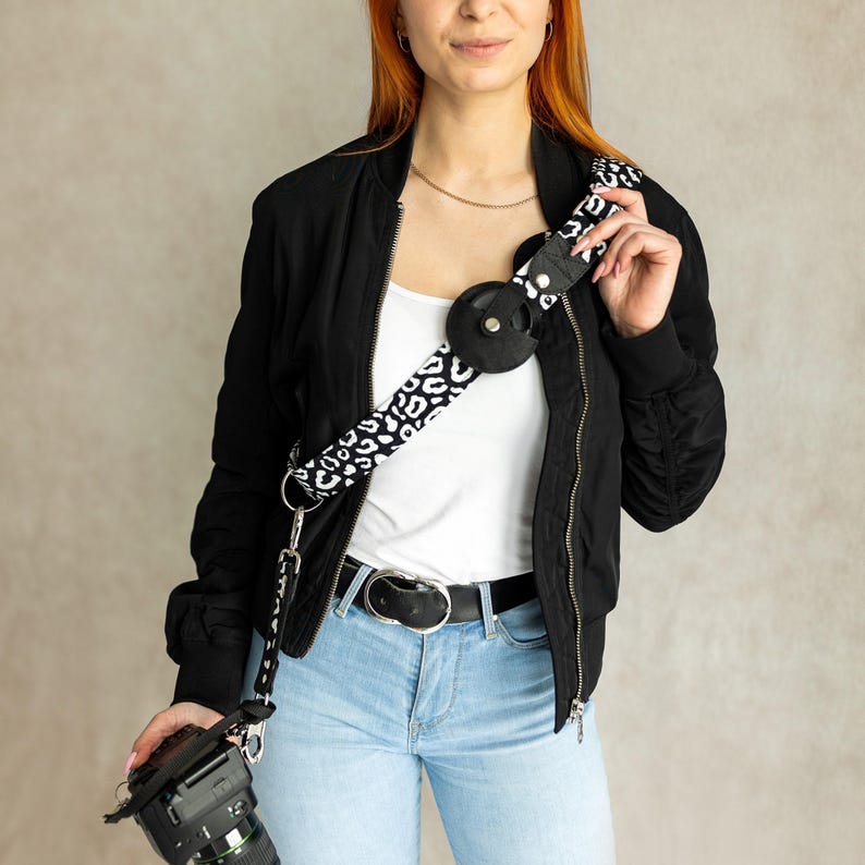 Sling Camera Strap: Vegan Leather and Velour (Leo print, Zebra or Houndstooth) image 3