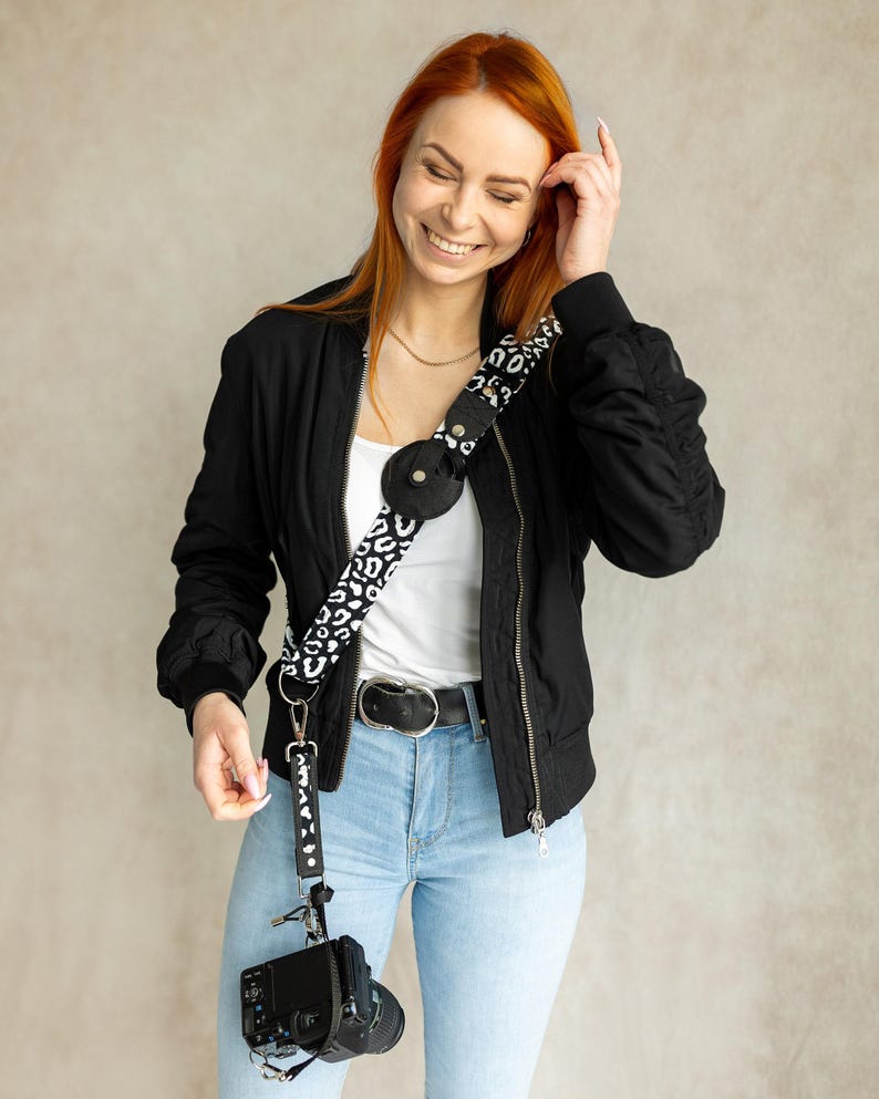 Sling Camera Strap: Vegan Leather and Velour (Leo print, Zebra or Houndstooth) image 1