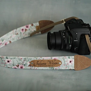 Personalized Floral Camera Strap: Engraved Velvet Vegan Leather DSLR SLR Strap