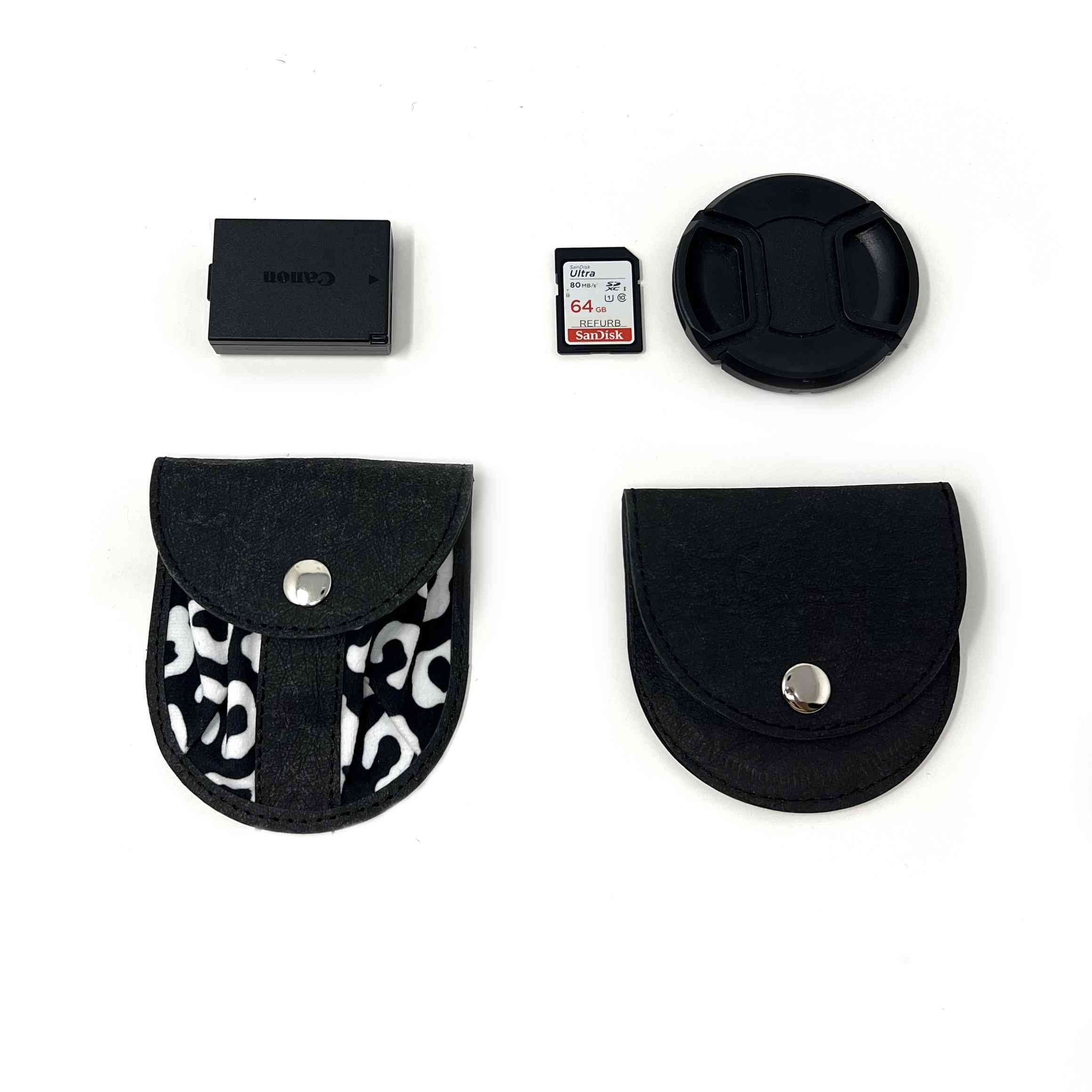 Perosnalized vegan camera lens cap holder and battery pocket, DSLR lens cap holder, camera strap lens cap case