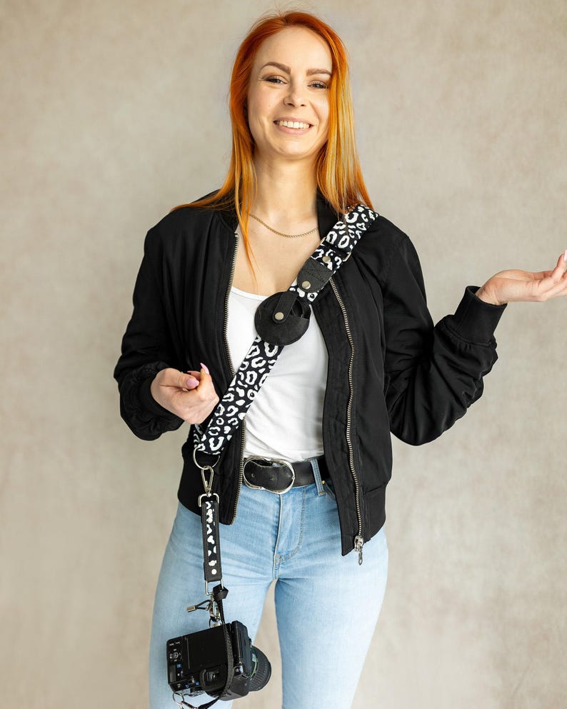 Sling Camera Strap: Vegan Leather and Velour (Leo print, Zebra or Houndstooth) image 2