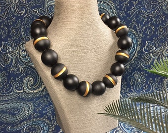 The Killmonger - 40mm Matte Black and gold painted large beaded necklace - Engraved