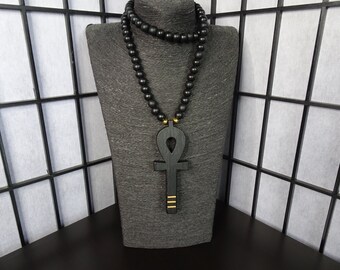 Hand carved solid Oak Ankh long beaded necklace in matte black