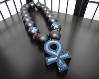 Ogun meets Ankh. Large Solid Oak Ankh on 50mm beads - Pearl Sapphire