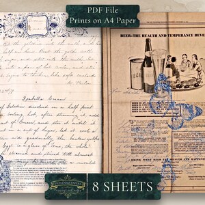 May include: A vintage, cream-colored, paper journal with blue ink handwriting. The journal is open to two pages. The left page has a handwritten recipe for "Ipabella Cream." The right page has a vintage advertisement for "Beer-The Health and Temperance Beverage!" with a drawing of people enjoying a meal together. The advertisement includes the text "Drink More Beer for Health and Happiness!" and lists several breweries.