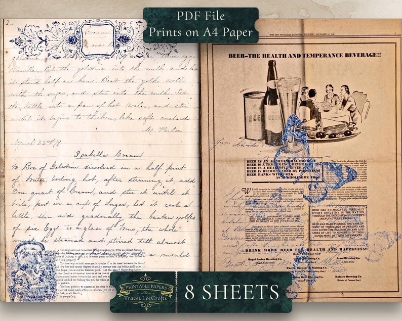 May include: A vintage, cream-colored, paper journal with blue ink handwriting. The journal is open to two pages. The left page has a handwritten recipe for "Ipabella Cream." The right page has a vintage advertisement for "Beer-The Health and Temperance Beverage!" with a drawing of people enjoying a meal together. The advertisement includes the text "Drink More Beer for Health and Happiness!" and lists several breweries.