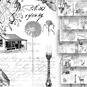 Ink Saver Schwarz Weiß Vintage Printable, Mixed Ephemera Botanical Script Objekte Digitales Hintergrundpapier, Collage Sheets Scrapbooking Seiten