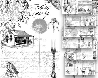 Ink Saver Black White Vintage Printable, Mixed Ephemera Botanical Script Objects Digital Background Paper, Collage Sheets Scrapbooking Pages