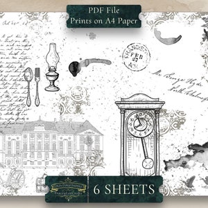 May include: Six printable sheets of digital paper featuring vintage illustrations of a clock, a house, a lamp, silverware, and a bicycle. The paper has a distressed, aged look with black and white ink splatters and handwritten text.