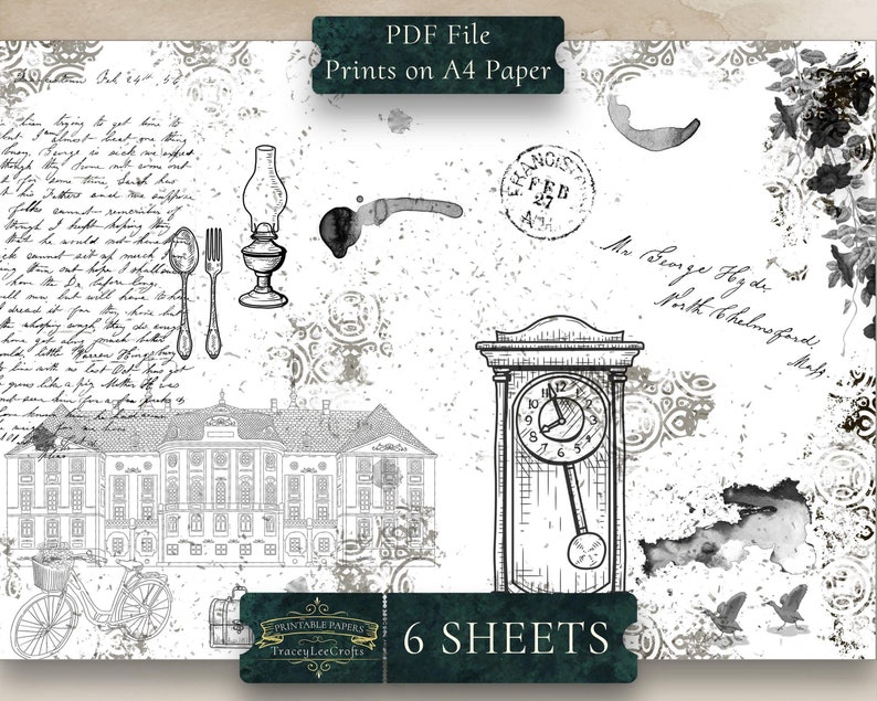 May include: Six printable sheets of digital paper featuring vintage illustrations of a clock, a house, a lamp, silverware, and a bicycle. The paper has a distressed, aged look with black and white ink splatters and handwritten text.