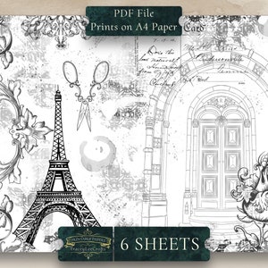 May include: Black and white printable digital paper pack with 6 sheets featuring a Parisian theme. The design includes the Eiffel Tower, a doorway with an arch, and floral patterns.