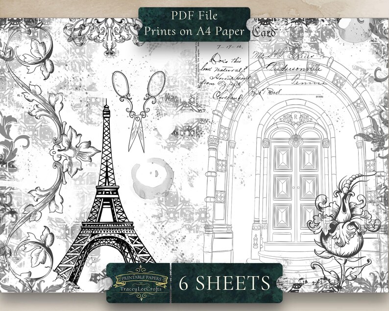 May include: Black and white printable digital paper pack with 6 sheets featuring a Parisian theme. The design includes the Eiffel Tower, a doorway with an arch, and floral patterns.