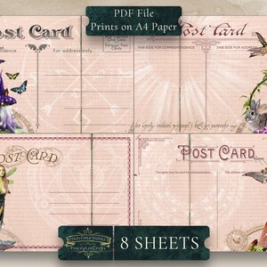 May include: Printable vintage-style postcard template featuring a whimsical fairy, a rabbit, and a hummingbird. The template is designed for use with A4 paper and includes 8 sheets. The text on the template reads "Post Card" and "This side for correspondence" and "This side for address".