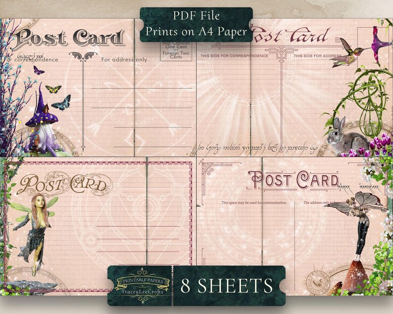 May include: Printable vintage-style postcard template featuring a whimsical fairy, a rabbit, and a hummingbird. The template is designed for use with A4 paper and includes 8 sheets. The text on the template reads "Post Card" and "This side for correspondence" and "This side for address".