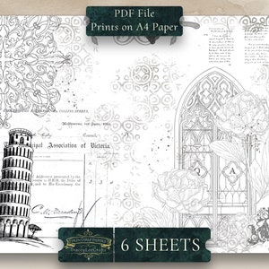 May include: Black and white printable digital paper pack with 6 sheets. The design features a vintage style with a leaning tower, a floral design, and a stained glass window.