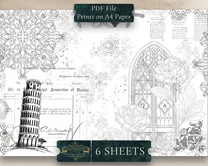 May include: Black and white printable digital paper pack with 6 sheets. The design features a vintage style with a leaning tower, a floral design, and a stained glass window.