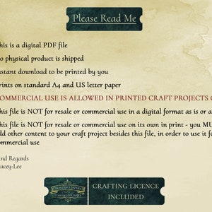 May include: A digital PDF file with instructions for commercial use. The text reads "Please Read Me" and includes information about the file being a digital download, printable on standard A4 and US letter paper, and allowed for commercial use in printed craft projects only. The text also states that the file is not for resale or commercial use in a digital format or altered, and that it is not for resale or commercial use on its own in print. The text also states that you must add other content to your craft project besides this file in order to use it for commercial use. The text ends with "Kind Regards Tracey-Lee".