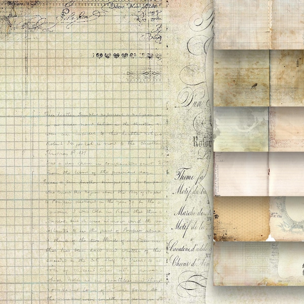 Printable Digital Vintage Lined Paper Kit Set Horizontal Landscape Ephemera Junk Journal Scrapbooking Pages Sheet Stained Journaling Art