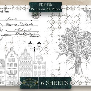May include: Black and white printable paper featuring a vintage postcard with a floral bouquet and a cityscape. The postcard has a handwritten address and the text "Postkarte" and "6 SHEETS".