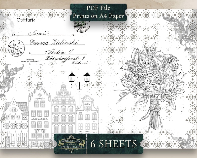 May include: Black and white printable paper featuring a vintage postcard with a floral bouquet and a cityscape. The postcard has a handwritten address and the text "Postkarte" and "6 SHEETS".