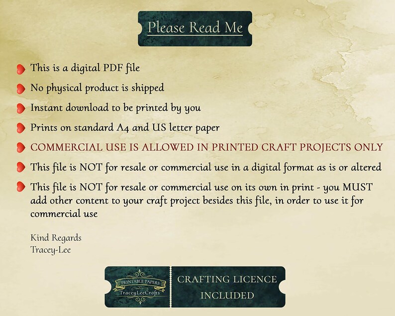 May include: A digital PDF file with a crafting license included. The text reads "Please Read Me" and outlines the terms of use for the file. The file is for printed craft projects only and cannot be resold or used commercially in a digital format.