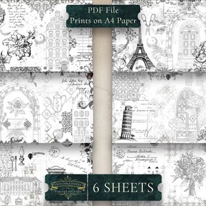 May include: Six printable digital papers in black and white with a vintage Parisian theme. The papers feature images of buildings, a rose arch, a Eiffel Tower, a door, a bouquet of flowers, and the Leaning Tower of Pisa. The papers are designed for A4 paper and are available as a PDF file.  The text "Printable Papers TraceyLeeCrofts" and "6 SHEETS" is included on the image.