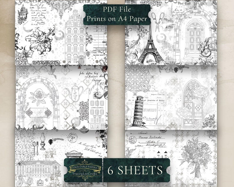 May include: Six printable digital papers in black and white with a vintage Parisian theme. The papers feature images of buildings, a rose arch, a Eiffel Tower, a door, a bouquet of flowers, and the Leaning Tower of Pisa. The papers are designed for A4 paper and are available as a PDF file.  The text "Printable Papers TraceyLeeCrofts" and "6 SHEETS" is included on the image.