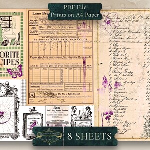May include: A digital collage sheet with a vintage aesthetic. The sheet features images of a woman in a kitchen, a clock, a butterfly, a recipe book, and a handwritten list. The sheet is designed for use in scrapbooking, card making, and other paper crafts. The text on the sheet reads "Favorite Recipes", "Save Time and", "Be Sure to STATE SIZE AND COLOR", "Please give here your reason for returning these goods", "List here the merchandise you wish to send us", "And be sure to give us your measurements AGAIN", "Will You Do Us a Kindness?", "Neol", "Half's New Wonder Developer", "DUDOGCING TONE", "BOOTS", "PRINTABLE PAPERS", "TraceyLeeCrafts", "8 SHEETS".