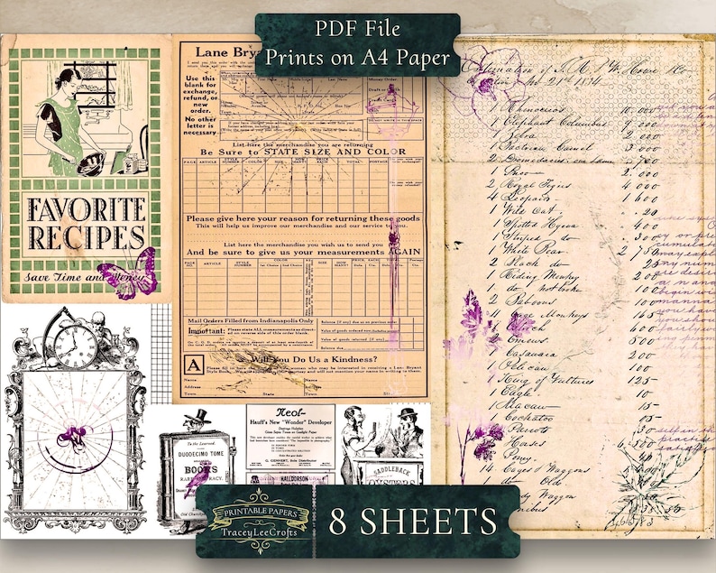 May include: A digital collage sheet with a vintage aesthetic. The sheet features images of a woman in a kitchen, a clock, a butterfly, a recipe book, and a handwritten list. The sheet is designed for use in scrapbooking, card making, and other paper crafts. The text on the sheet reads "Favorite Recipes", "Save Time and", "Be Sure to STATE SIZE AND COLOR", "Please give here your reason for returning these goods", "List here the merchandise you wish to send us", "And be sure to give us your measurements AGAIN", "Will You Do Us a Kindness?", "Neol", "Half's New Wonder Developer", "DUDOGCING TONE", "BOOTS", "PRINTABLE PAPERS", "TraceyLeeCrafts", "8 SHEETS".