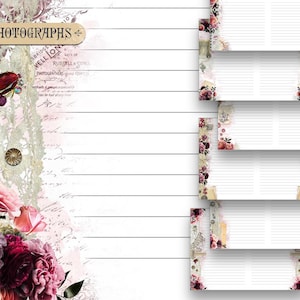 Victoriaanse bloemen bekleed schrijfpapier afdrukbaar vintage briefpapier ongewenste dagboekpagina's dagboek horizontaal gelinieerd blad bloem kant commercieel gebruik