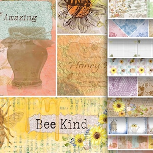 Digital Honey Bee & Sunflowers Images Honeycomb Pattern Letter Printable Scrapbooking Papers Collage Sheets Ephemera Junk Journal Pages