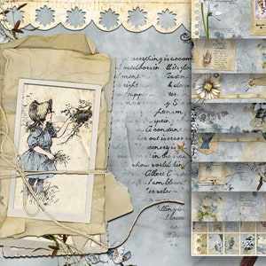 May include: A vintage-style collage featuring a girl holding a bird's nest, surrounded by handwritten text and floral accents. The collage is on a blue background with a white lace border.