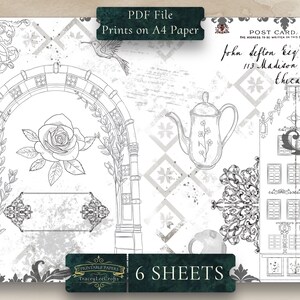 May include: A set of six printable digital papers featuring a black and white design with a vintage aesthetic. The papers include a rose, an archway, a teapot, a building, and a hummingbird. The papers are designed to be printed on A4 paper.