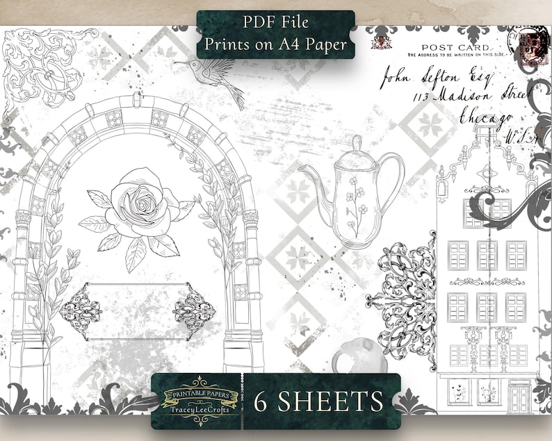 May include: A set of six printable digital papers featuring a black and white design with a vintage aesthetic. The papers include a rose, an archway, a teapot, a building, and a hummingbird. The papers are designed to be printed on A4 paper.