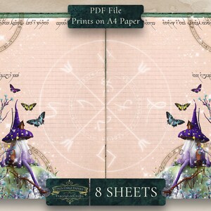 May include: Printable paper pack with 8 sheets of lined paper featuring a whimsical illustration of a mushroom house with a purple hat and butterflies. The paper is designed for use in journals, planners, or for crafting.