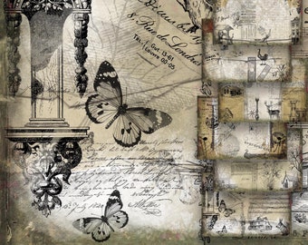 Printable Digital Old Vintage Mixed Ephemera Paper Kit Set Horizontal Landscape Junk Journal Scrapbooking Pages Sheet Stained Commercial Use