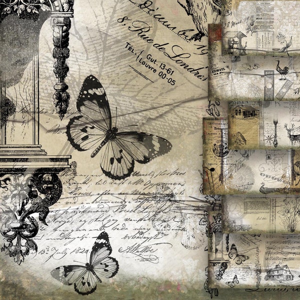 Printable Digital Old Vintage Mixed Ephemera Papier Kit Set Horizontale Landschaft Junk Journal Scrapbooking Seiten Bogen Gefärbt Kommerzielle Nutzung