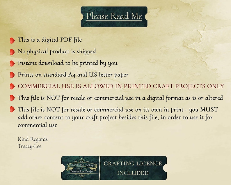 May include: A digital PDF file with a crafting license included. The text reads "Please Read Me" and outlines the terms of use for the file. The file is for printed craft projects only and cannot be resold or used commercially in a digital format.