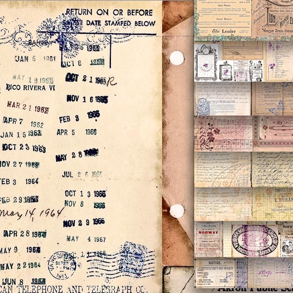 Printable Mixed Vintage Ephemera Junk Journal Kit Invoices Documents Advertisements Old Handwritten Script Letters Card Stained Digital Art