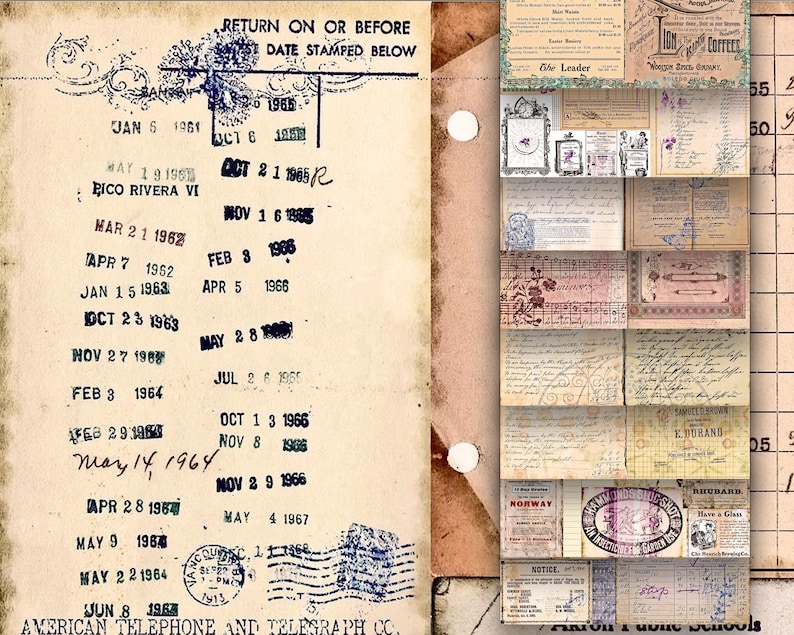 May include: A vintage postcard with a list of dates and a stamp that says "American Telephone and Telegraph Co.". The postcard is beige with blue and red ink. The postcard is surrounded by a collection of vintage ephemera, including a music sheet, a newspaper clipping, and a handwritten note.